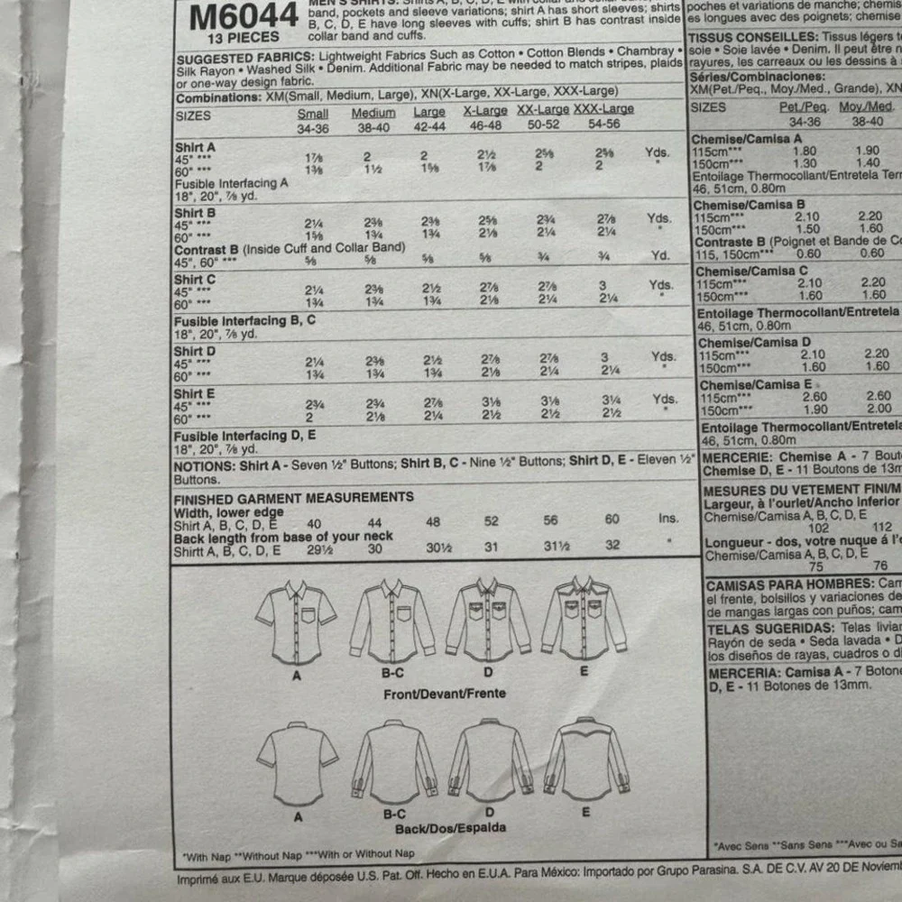McCall's M6044 Uncut men's shirt sewing pattern XN‎ Size XL-XXL-3XL